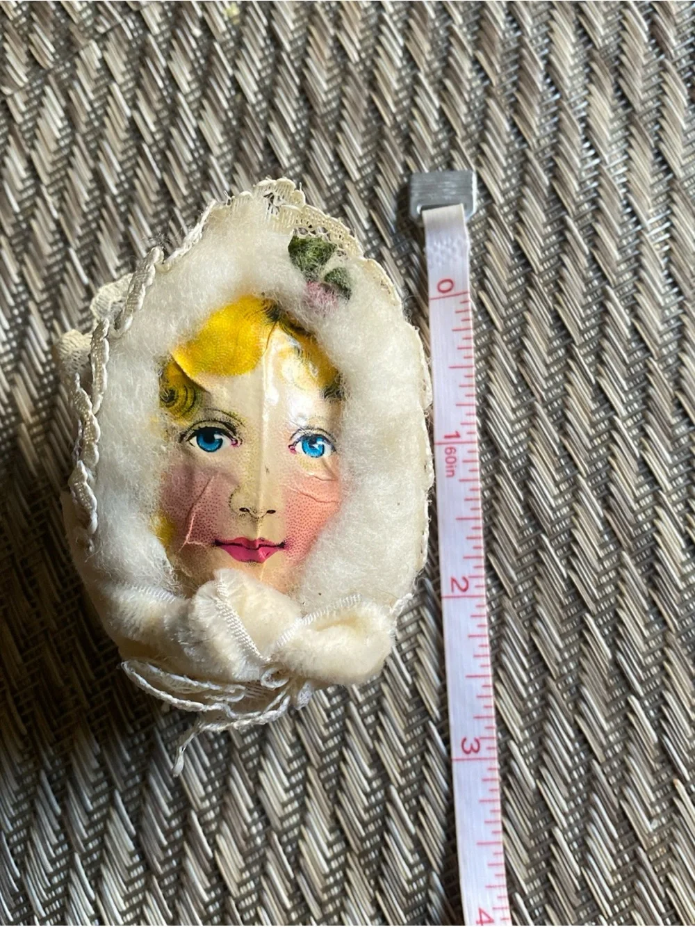 Antique German Spun Cotton Christmas Ornament Paper Scrap Face Red Crepe Back